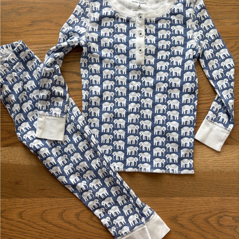 Roller Rabbit Kids Pajama Set - Blue and White Elephant Print